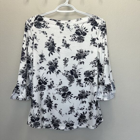 Kistore | Black & White Floral 3/4 Sleeve Top Ruffles Boatneck Medium Prairie - Picture 2 of 6